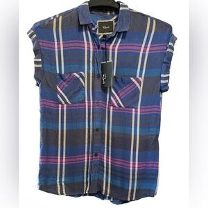 Rails Blue and Pink Mandarin Collar Button Down Shirt